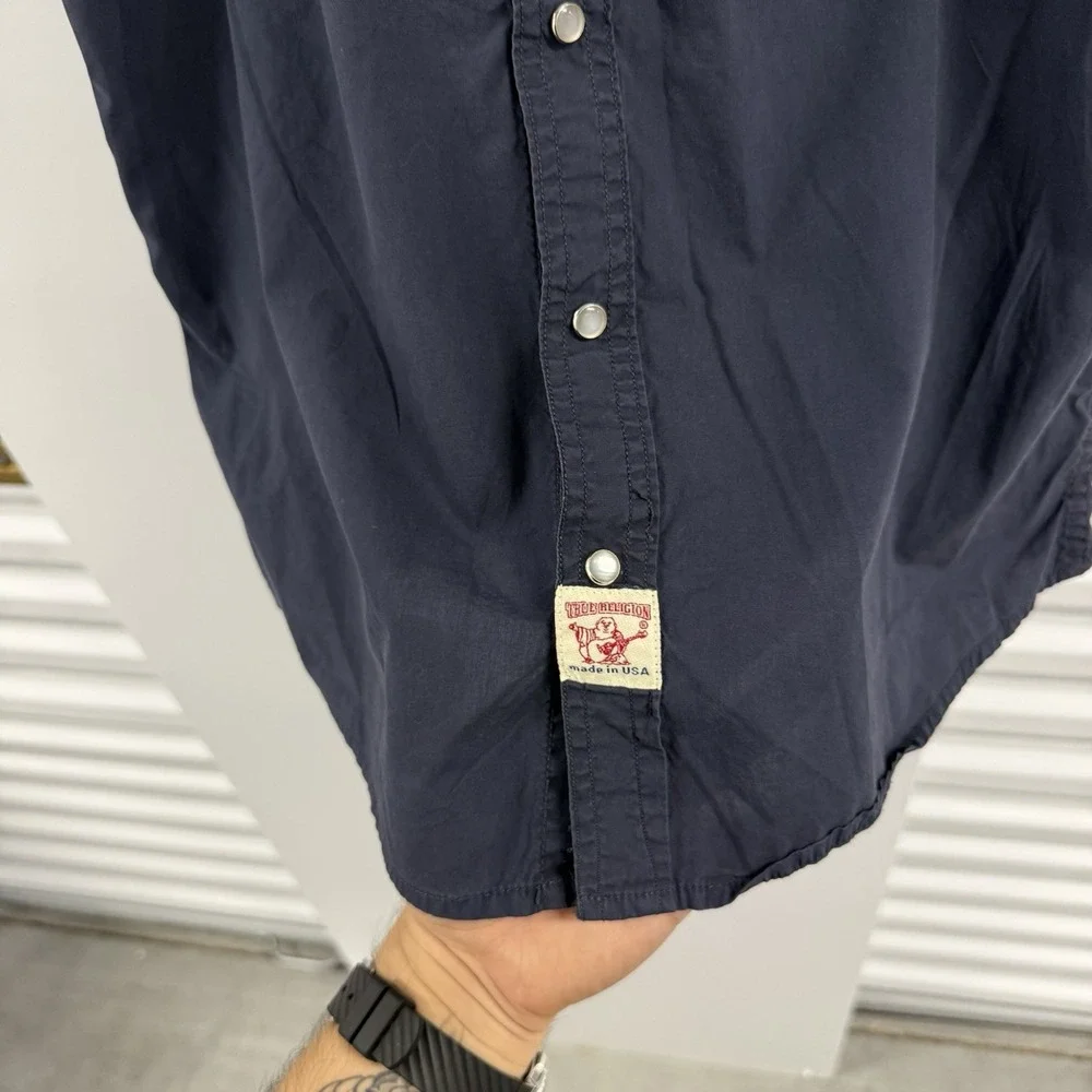 True Religion Mens Medium Navy Western Pearl Snap Shirt Made USA Y2K Graphic